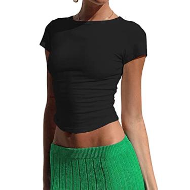 Imagem de Camisetas femininas básicas de manga curta cropped tops de verão slim fit lindas camisetas gola canoa roupas Y2k, 1 top curto preto, P