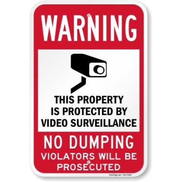 Imagem de SmartSign Placa de metal "Warning - Property Protected By Video Surveillance, No Dumping" de 45 x 30 cm, composto de alumínio de 120 mm (ACM), material refletivo de grau de engenheiro, vermelho, preto