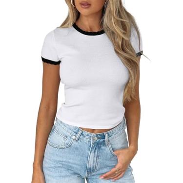 Imagem de Imily Bela Camisetas femininas curtas de manga curta de malha de verão slim fit camisetas básicas, Branco, P