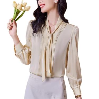 Imagem de Camiseta feminina de seda real primavera verão blusas femininas laço manga longa escritório blusa lisa, Amarelo, G