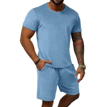Imagem de Uni Clau Conjunto masculino de 2 peças, camisetas e shorts de manga curta de verão, conjunto esportivo casual atlético, Azul-claro, XXG