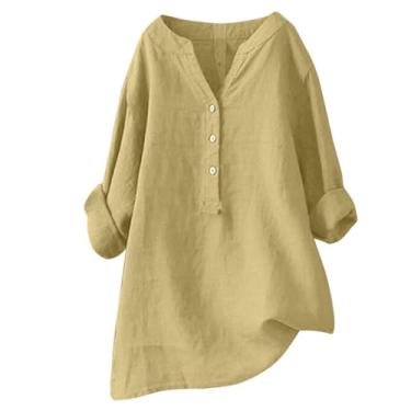 Imagem de Lainuyoah Blusa feminina moderna verão 2024 linho manga longa camisas de linho gola V gola V botão para baixo boho moderno, B - amarelo, XXG
