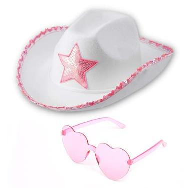 Imagem de Funcredible Chapéu de cowboy e óculos - Chapéu de vaqueira com estrela - Chapéu de cowboy brilhante, Branco, rosa, One Size Fits Most