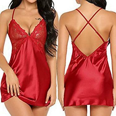 Imagem de YQHWLKJ Vestido de lingerie sexy para mulher Babydoll Set roupa de dormir de renda roupa de dormir sexy, Vermelho, M