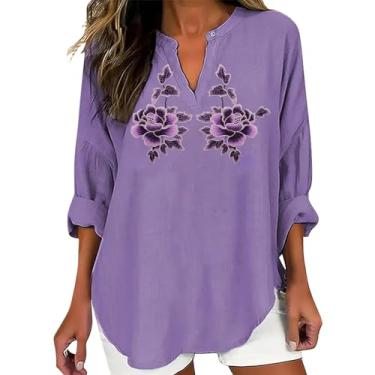 Imagem de Camisetas femininas de linho de conscientização sobre Alzheimer, roxo, floral, blusas de verão, casuais, soltas, túnicas, Azul-celeste, M