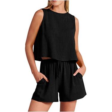 Imagem de Conjuntos de shorts femininos de linho combinando tops e calças shorts para mulheres conjuntos de 2 peças outono verão 2024, W-648 Preto, P