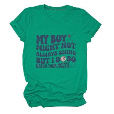 Imagem de MEKOTSK My Boy Might Not Always Swing But I Do Camisetas femininas engraçadas beisebol Mom camiseta casual manga curta, Turquesa, G