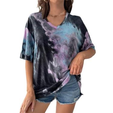 Imagem de SOFIA'S CHOICE Camisetas femininas grandes tie dye gola V manga curta casual verão, Gola V roxa e preta, GG