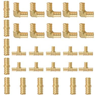 Imagem de GUOFIS (pacote com 30) Conexões PEX de 3/10.2 cm, cotovelo de 90 graus (10 peças) + T (10 peças) + acoplamento reto (10 peças), combo de encaixe de crimpagem de latão Pex para conexão de tubo PEX,