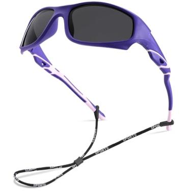 Imagem de LIU·WEN Óculos de sol polarizados de beisebol esportivo infantil – Sombras flexíveis com alça para meninos e meninas de 4 a 12 anos, Lente A4 roxa/cinza, Medium