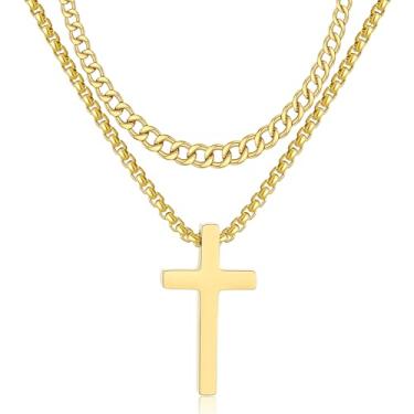 Imagem de RWQIAN Colar de cruz para homens, prata ouro preto pequeno pingente de cruz de aço inoxidável colar cubano com corrente de cruz 45-61 cm, presente de primeira comunhão religiosa simples Jesus cristão