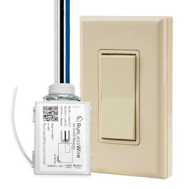 Imagem de RunLessWire Conjunto de interruptor de luz sem fio e relé sem bateria com controle remoto de alcance RF de 45,7 m, alimentado por Kinetic Energy, kit de polo único faça você mesmo: 1 receptor liga