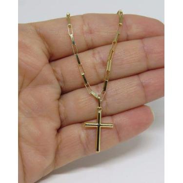 Imagem de Cordão Corrente Elo Quadrado 70cm Pingente Crucifixo Ouro18k - RD Maga