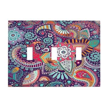 Imagem de Placas de parede com três botões florais boêmios, boho, mandala, paisley, 3 interruptores de luz, decorativos, abstratos, redemoinhos tribais, placa de interruptor elétrico para quarto, quarto infantil, decoração de banheiro