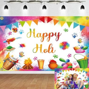 Imagem de Masxkle Happy Holi Pano de fundo indiano colorido grafite em pó estampa de mão para fotografia cores hindus decorações de festa adereços de cabine de fotos 1,8 x 1,1 m
