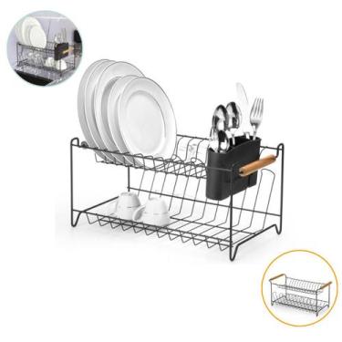 Imagem de Escorredor Para 15 Pratos Louça Com Madeira Porta Copos Talher - Arthi