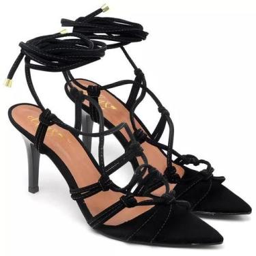 Imagem de Sandália Salto Médio Feminino Bico Folha Ellas Online Nobuck Preto, 37