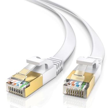Imagem de Maximm Cabo Ethernet plano CAT7, (branco, 7,6 m) 10 Gbps, 600 MHz, conectores dourados RJ45 blindados, design flexível ultrafino para redes domésticas e de escritório