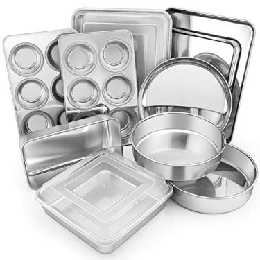 Imagem de Conjunto de 12 peças de utensílios de cozinha de aço inoxidável, conjunto de assadeira de metal E-far inclui formas redondas de bolo, formas quadradas/retangulares com tampas, folha de biscoito, pã/muffin/forma de pizza, não tóxico e pode ser lavado na lava-louças