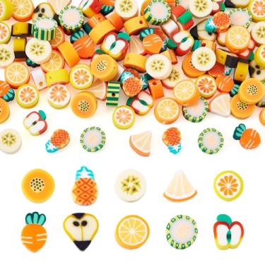 Imagem de Craftdady 100 contas de polímero de argila de frutas, maçã, abacaxi, laranja, pera, cenoura, formato de fatia, contas soltas, contas espaçadoras de argila de frutas, para pulseira DIY, colar, brinco,