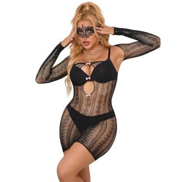 Imagem de ohyeahlady Lingerie sexy feminina plus size transparente arrastão vestidos recortados Babydoll manga longa roupa de dormir duas peças, Preto, 3X-5X