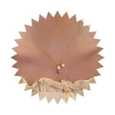 Imagem de Vacaonio Colar com pingente de flor de tulipa boho, colar de flor de pérola, colar de tulipa rosa, bulbos de tulipa, colar floral esmaltado, joia feminina, Zinco, Sem Pedra Preciosa