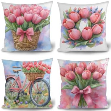 Imagem de ENLACHIC 4 peças de capa de almofada rosa aquarela laço tulipa dia das mães 45,7 x 45,7 cm, capa de almofada de grinalda obrigado mãe fronhas quadradas para sofá sofá casa carro capa de almofada