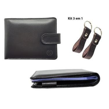 Imagem de Kit Masculino Carteira Couro cédulas cartões rg cnh moédas chaveiro Ka