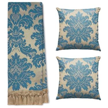 Imagem de Jogo Manta Xale para Sofá e Cama Artesanal Grande 2,80 x 2,00 com 2 Almofadas Cheias (63 AZUL E CINZA)