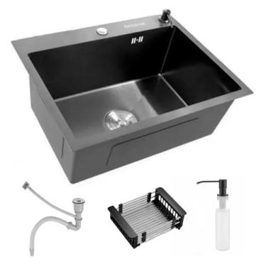 Imagem de Cuba Pia Aço Inox Cozinha Gourmet Com Acessórios 60x45 Quadrada Preta Brinovar