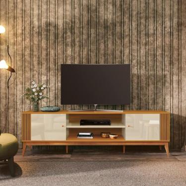 Imagem de Rack Grécia 2 Portas 200cm Tv 75 Polegadas Ripado Lateral Cor: offwhite/cedro Offwhite/cedro