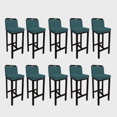 Imagem de Kit 10 Banqueta Alta Com Encosto Agnes Cozinha Balcão Bistrô Base Madeira Preto Suede Azul Turquesa - Ahz Móveis