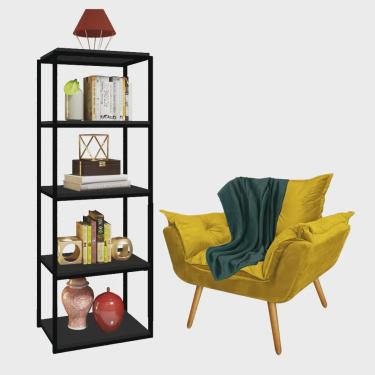 Imagem de Kit Poltrona Fatte com Manta Soft Verde e Estante Livreiro Ferro Preto mdf Preto Suede Amarelo - Ahazzo Móveis