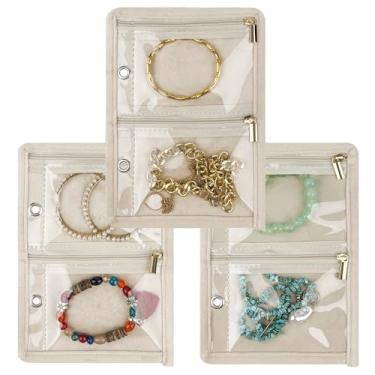 Imagem de LingLingo Estojo organizador de joias de viagem, pequenos sacos de joias para armazenamento de joias, fichário com zíper transparente de veludo para viagens (páginas internas, bege, 3 peças, médio)