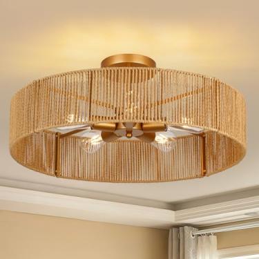 Imagem de CLARSYNE Luminária De Teto Embutida Em Rattan Natural De 24", Lustre Boho De Vime Dourado Trançado À Mão De 5 Luzes Para Quarto, Sala De Estar, Sala De Jantar, Cozinha, Luminária Rústica Para Corre