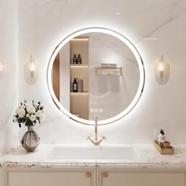 Imagem de WOSEKBATHAL Espelho De Banheiro Com Luzes, Espelho Redondo De Led De 36 Polegadas Para Banheiro, Espelho De Penteadeira Com Luzes, Antiembaçante E 3 Cores, Espelho De Banheiro De Parede (36" C X 36"