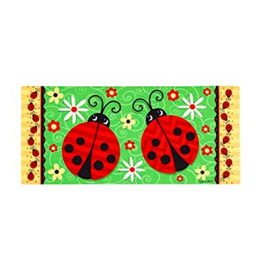 Imagem de Evergreen Par de capacho de entrada intercambiável Sassafrás Ladybug | Interior e exterior | 55,88 cm x 25,4 cm | Base antiderrapante | Todas as estações | Perfil baixo | Decoração de casa