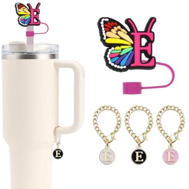 Imagem de 1 peça capa de canudo em forma de borboleta com letra inicial para Stanley Copo de 30 e 4 onças 1 cm Topper de palha 3 peças pingente de silicone tampa de canudo para beber acessórios (E)