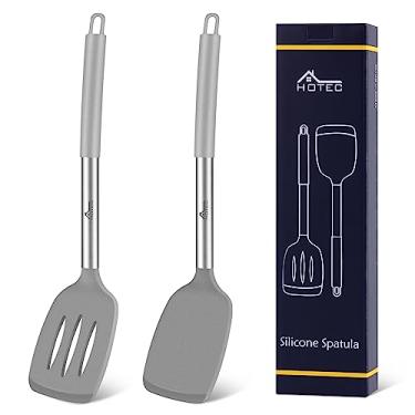 Imagem de HOTEC Conjunto de 2 espátulas de silicone resistentes ao calor de 315 °C e sem BPA para cozinha com alças de aço inoxidável, espátulas ranhuradas e sólidas para panelas antiaderentes, 33,7 polegadas