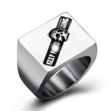 Imagem de ELFASIO Keep Going Anéis de caveira para homens, anel de sinete quadrado para pai, joia de presente para ele, anel de motociclista masculino gótico punk de aço inoxidável, Metal, Sem pedra preciosa