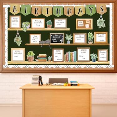Imagem de Conjunto de quadro de avisos de aniversário em vaso para decoração de sala de aula de eucalipto com recortes de papel fotográfico para quadro-negro de volta às aulas para decoração de porta de parede