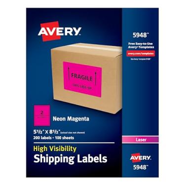 Imagem de Avery Etiquetas de envio neon para impressoras a laser, 13,5 cm x 21,5 cm, 200 etiquetas rosa (5948)