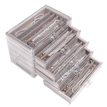 Imagem de Caixa organizadora de colar com 5 gavetas, bandeja com tampa transparente, suporte para colares de veludo à prova de poeira, estojo para exibição de armazenamento, bandeja de colar Gery para pingente