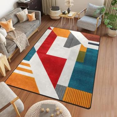 Imagem de Amorettise Tapete moderno de meados do século 18 x 1,8 m, azul vermelho abstrato tapete antiderrapante fácil de cuidar para sala de estar, escritório, sala de jantar