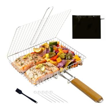 Imagem de AISLE 3 ESSENTIALS Cesta Para Churrasco [9 Peças], Grelha Dobrável De Aço Inoxidável Com Cabo Madeira Resistente Ao Calor E Bolsa Armazenamento, Cestas Ar Livre, Acessórios Peixe, Carne, Vegetais, C