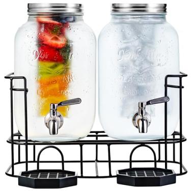 Imagem de kitchentoolz Distribuidores De Bebidas Vidro Dois Galões Com Infusor Frutas E Inserção Gelo, Torneiras Aço Inoxidável, Suporte Metal Bandejas Coletoras Para Geladas Água Saborizada