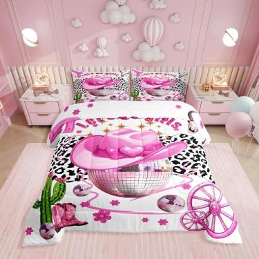 Imagem de Erosebridal Jogo de cama queen com bola de discoteca rosa, chapéu de vaqueira, para meninas e mulheres, edredom floral com estampa de vaca leiteira, caveira de touro, decoração de quarto, 2 fronhas