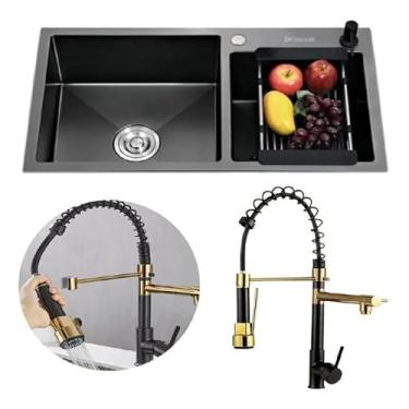 Imagem de Kit Cuba Dupla Gourmet Completa Com Acessórios 78x43 Pia Cozinha Bancada Gourmet Aço Inox Preta + Torneira Gourmet 2 Saídas Monocomando Misturador Preto E Dourado Aço Inox Brinovar