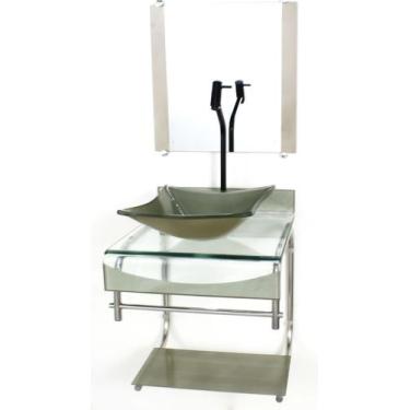 Imagem de Gabinete de vidro 40cm para banheiro curvado duplo inox cuba quadrada 