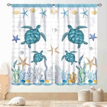 Imagem de Cortinas de tartarugas marinhas, retrô, náutica, costeira, estrela-do-mar, concha, praia, tropical, vintage, oceano, coral, verde, cortinas para janela, para sala de estar, quarto, cozinha, banheiro